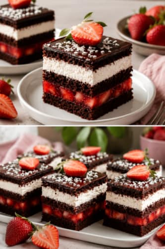 Schokoladenkuchen mit Mascarpone-Sahne und Erdbeeren in Gelee