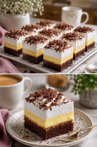 Tschechischer Kuchen mit Kakaobiskuit Vanillecreme und Baiser