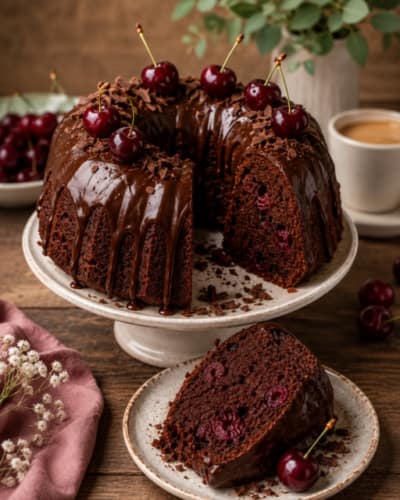Saftiger Schoko-Kirsch-Gugelhupf mit Schokoglasur und Kirschen