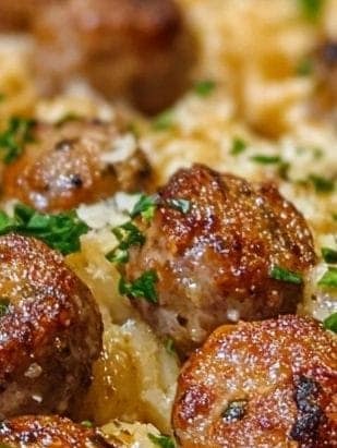 Knoblauchbutter-Wurststücke mit cremiger Parmesan-Pasta