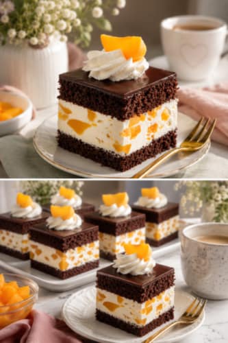 Pfirsichkuchen mit Schokolade, Sahnecreme und Kakaobiskuit