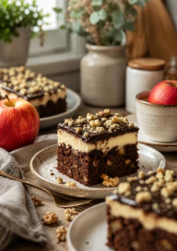 Schokoladenkuchen mit Äpfeln, Vanillepuddingcreme und Schokoladenglasur