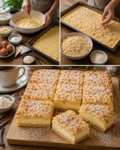 Vanille-Streuselkuchen mit cremiger Mascarpone-Vanillefüllung und Kokosstreuseln